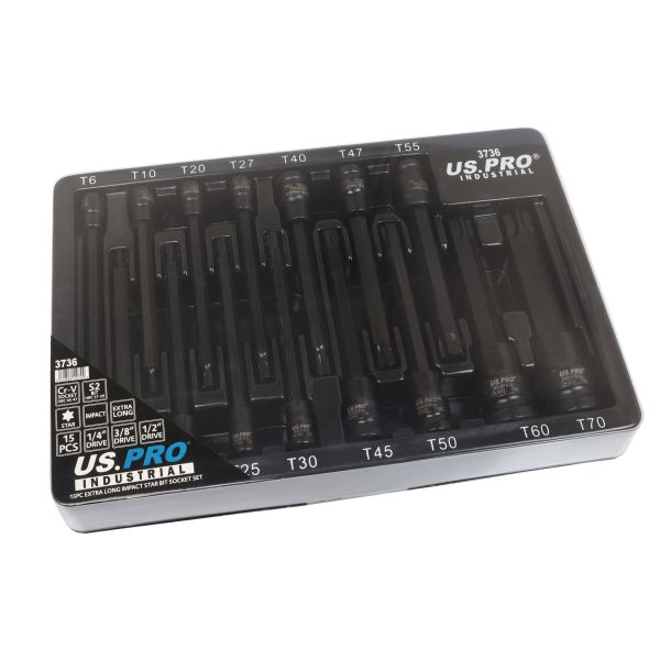 15PC EXTRA LONG IMPACT STAR TORX BIT SOCKET SET