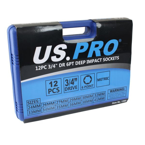 12PC 3/4" DR 6PT DEEP IMPACT SOCKETS METRIC US PRO