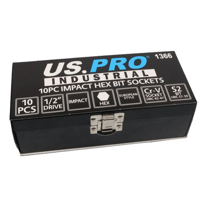 10PC 1/2" DR IMPACT HEX BIT SOCKETS US PRO