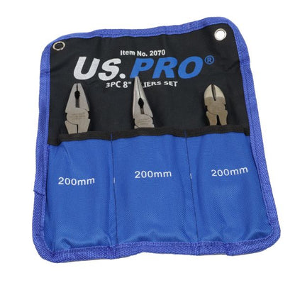 3PC 8" PLIERS SET SNIPS COBINATION SIDE CUTTERS LONG NOSE PLIERS