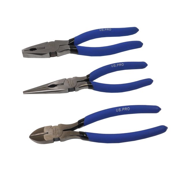 3PC 8" PLIERS SET SNIPS COBINATION SIDE CUTTERS LONG NOSE PLIERS