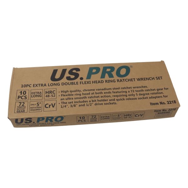 10PC EXTRA LONG DOUBLE FLEXI HEAD RING RATCHET WRENCH US PRO