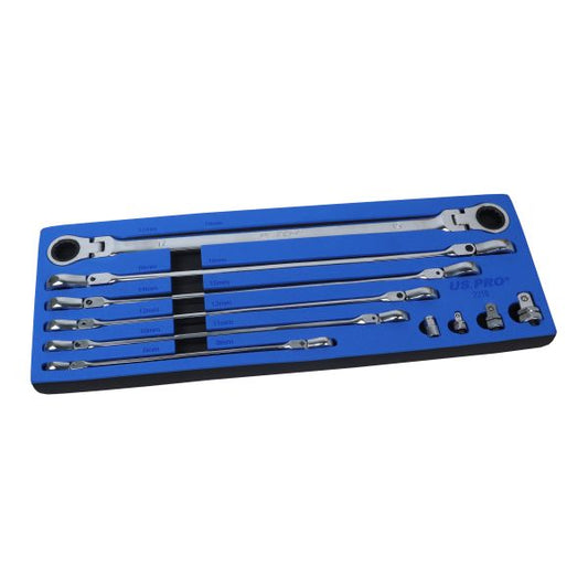 10PC EXTRA LONG DOUBLE FLEXI HEAD RING RATCHET WRENCH US PRO