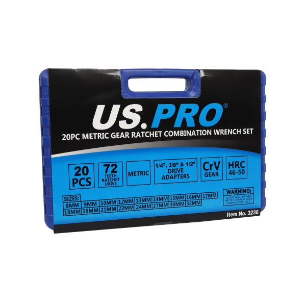 20 PC METRIC GEAR RATCHET SPANNER COMBINATION WRENCH SET US PRO