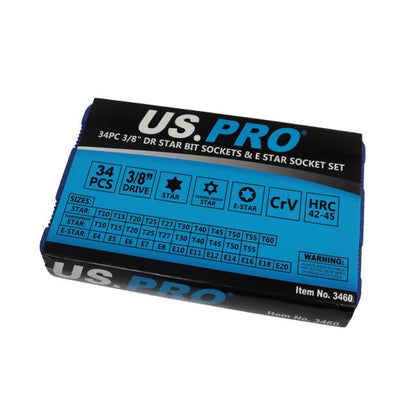 34PC 3/8" DR TORX BIT SOCKETS & E SOCKET SET US PRO