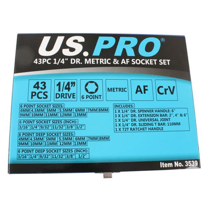 43PC 1/4" DR. METRIC & AF SOCKET SET US PRO