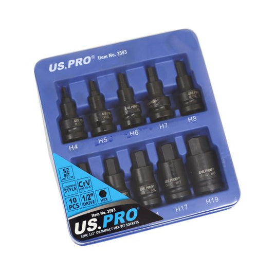 10PC 1/2" DR IMPACT HEX BIT SOCKETS US PRO