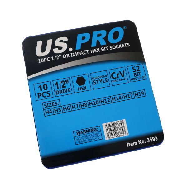10PC 1/2" DR IMPACT HEX BIT SOCKETS US PRO