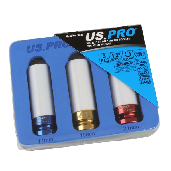 3PC 1/2" DR DEEP IMPACT SOCKETS FOR ALLOY WHEELS US PRO