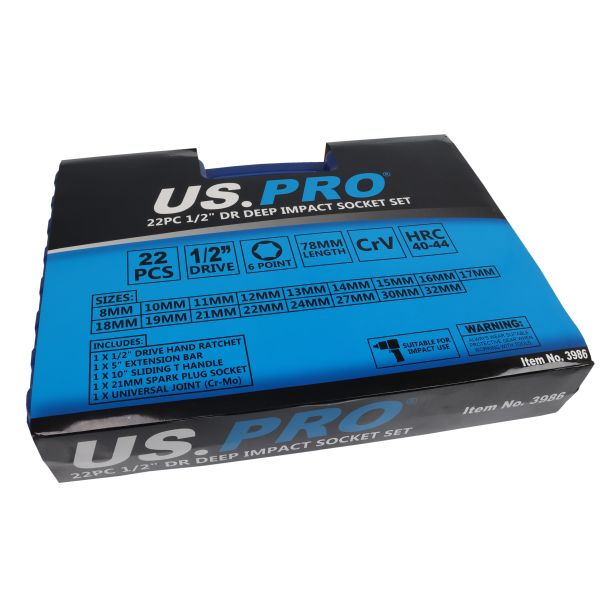 22PC 1/2" DR DEEP IMPACT SOCKET SET US PRO