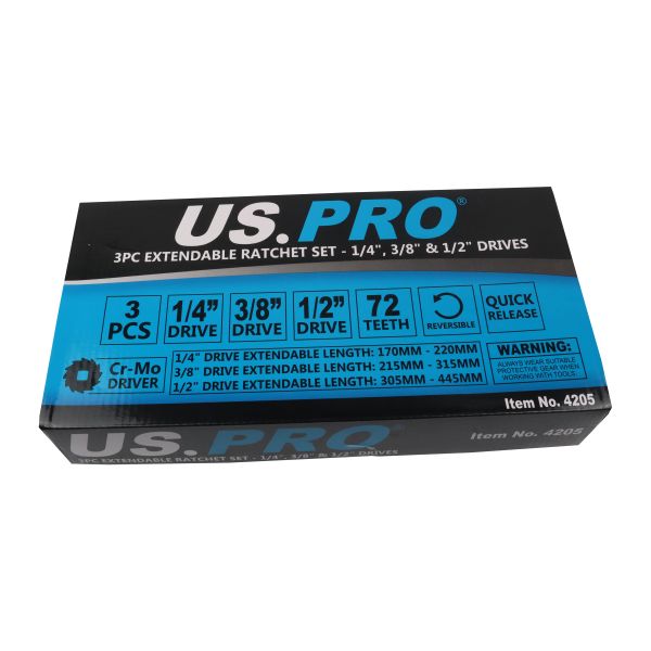 3PC EXTENDABLE RATCHET SET 1/4", 3/8" & 1/2" DRIVES US PRO