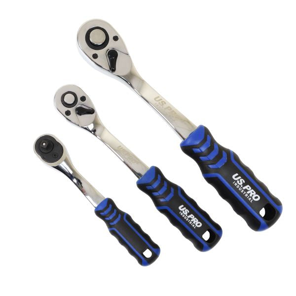 3PC 90T RATCHET SET 1/4 3/8 1/2 DRIVES CURVED HANDLE WITH GRIP US PRO