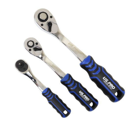 3PC 90T RATCHET SET 1/4 3/8 1/2 DRIVES CURVED HANDLE WITH GRIP US PRO
