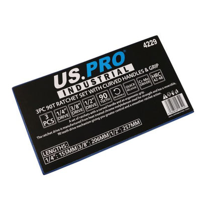 3PC 90T RATCHET SET 1/4 3/8 1/2 DRIVES CURVED HANDLE WITH GRIP US PRO