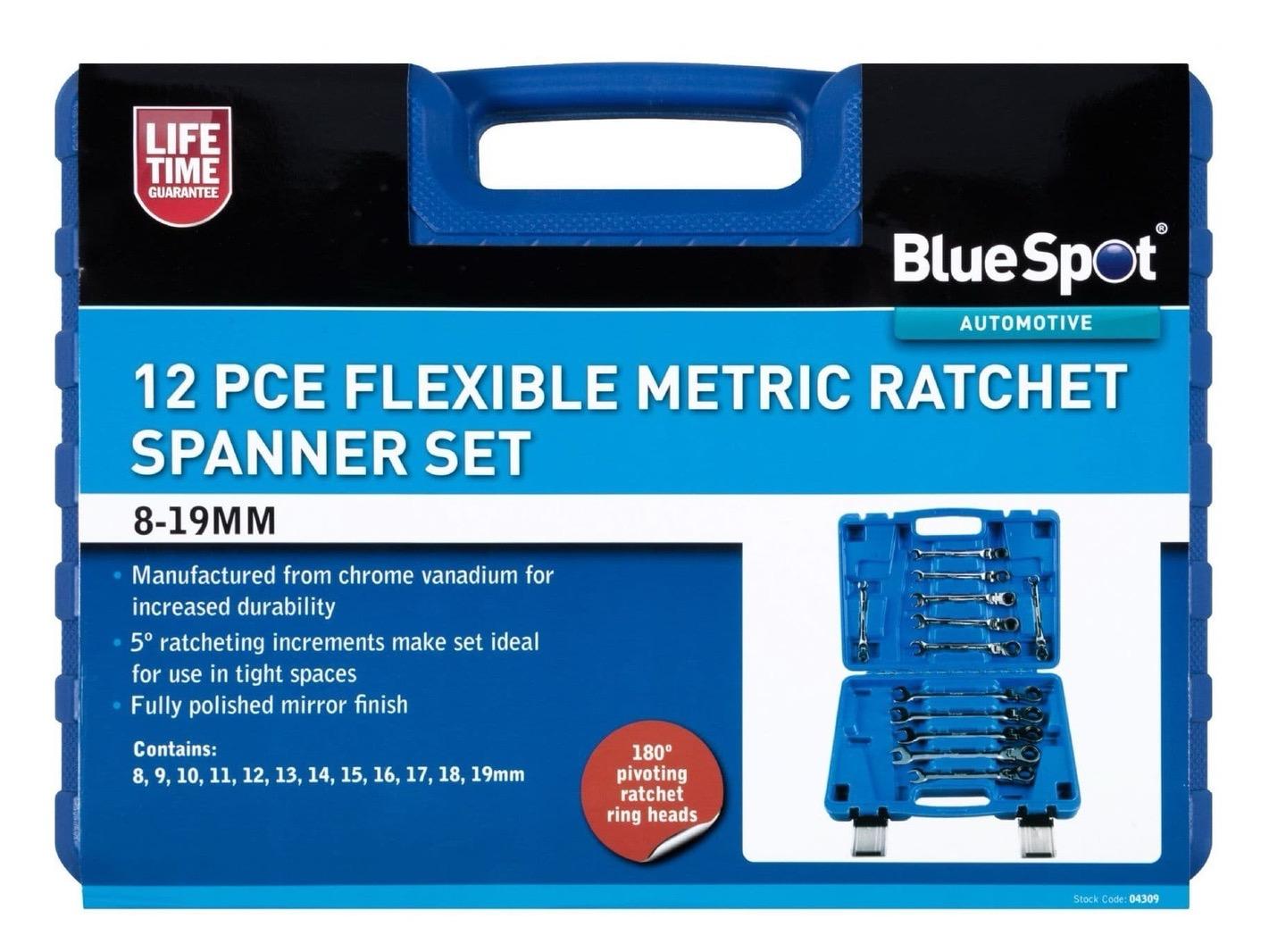 Flexible Metric Ratchet Spanner Set 8-19mm 12 Piece Bluespot Lifetime Guarantee