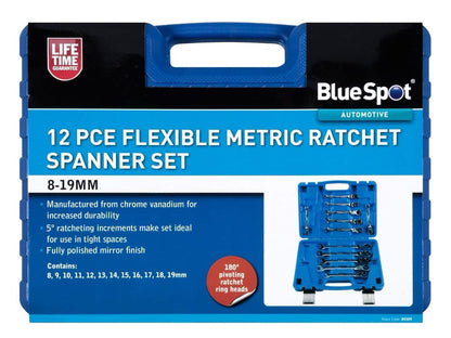 Flexible Metric Ratchet Spanner Set 8-19mm 12 Piece Bluespot Lifetime Guarantee