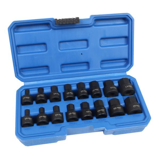 16PC 3/8" DR STUBBY IMPACT SAE/METRIC HEX BIT SOCKETS US PRO
