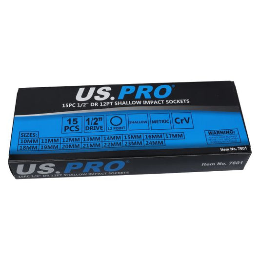 15PC 1/2" DR 12PT SHALLOW IMPACT SOCKETS 10MM TO 24MM US PRO