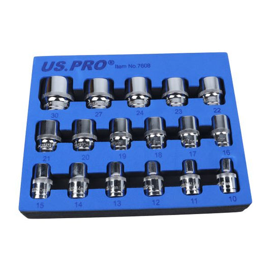 17PC 1/2" DR 6PT SHALLOW SOCKETS 10 - 30MM IN EVA US PRO
