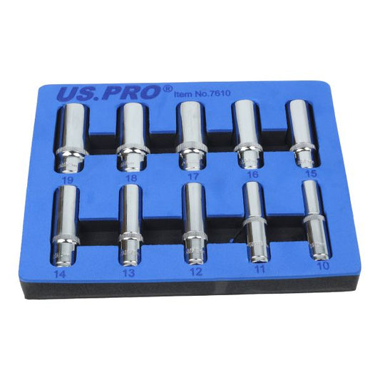 10PC 3/8" DR 6PT DEEP SOCKETS 10-19MM IN EVA TRAY US PRO