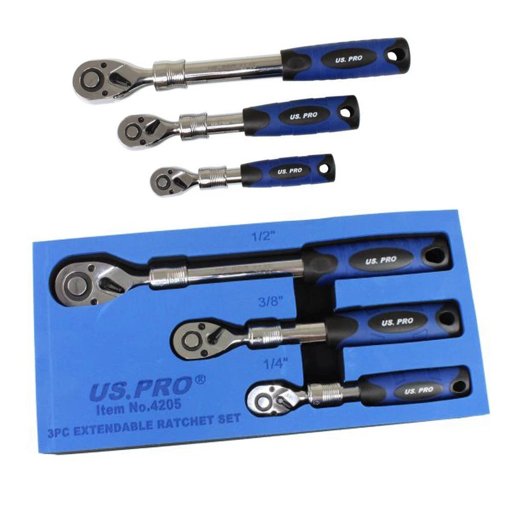3PC EXTENDABLE RATCHET SET 1/4", 3/8" & 1/2" DRIVES US PRO