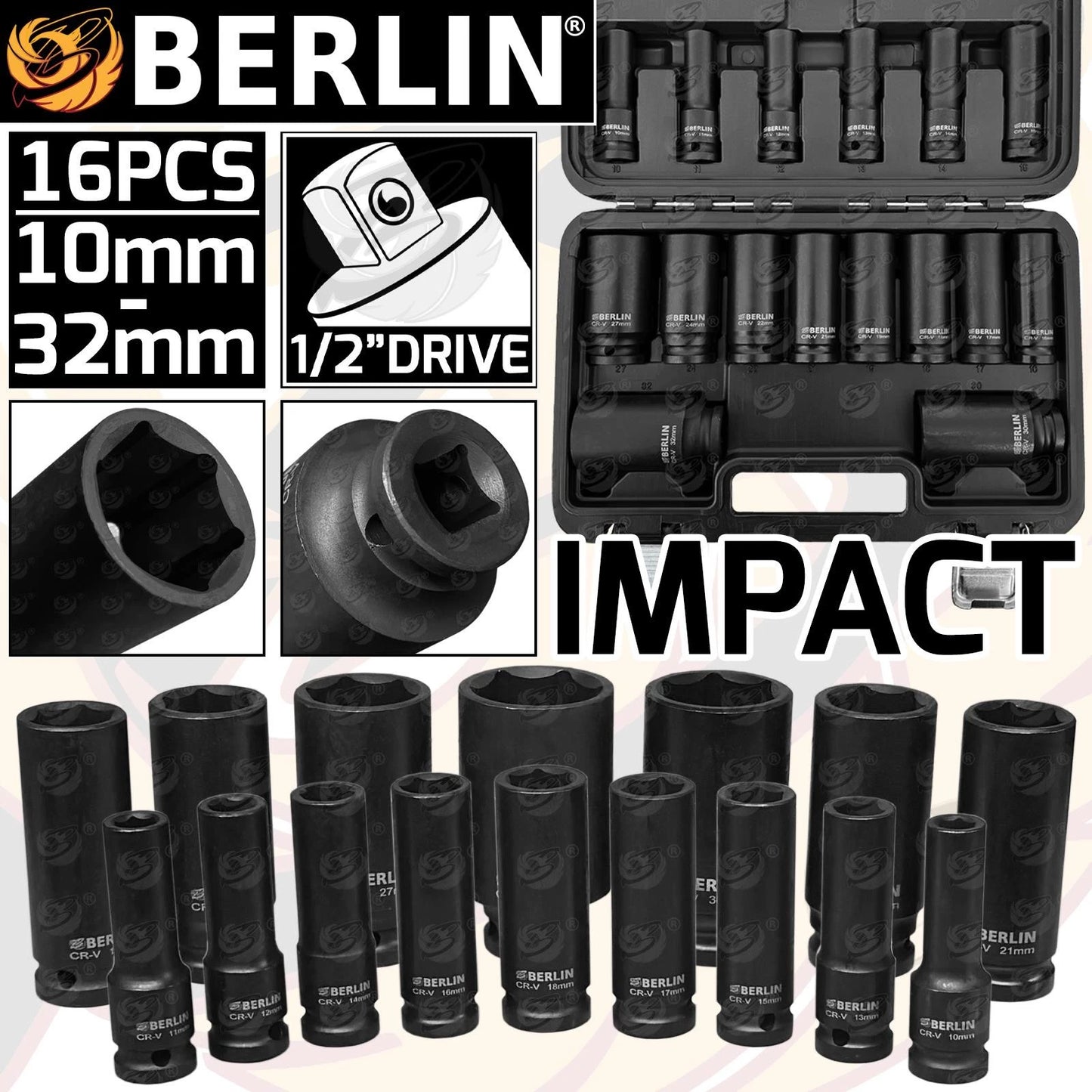 16pc 1/2 Drive Deep Impact Sockets Berlin in a plastic carry case